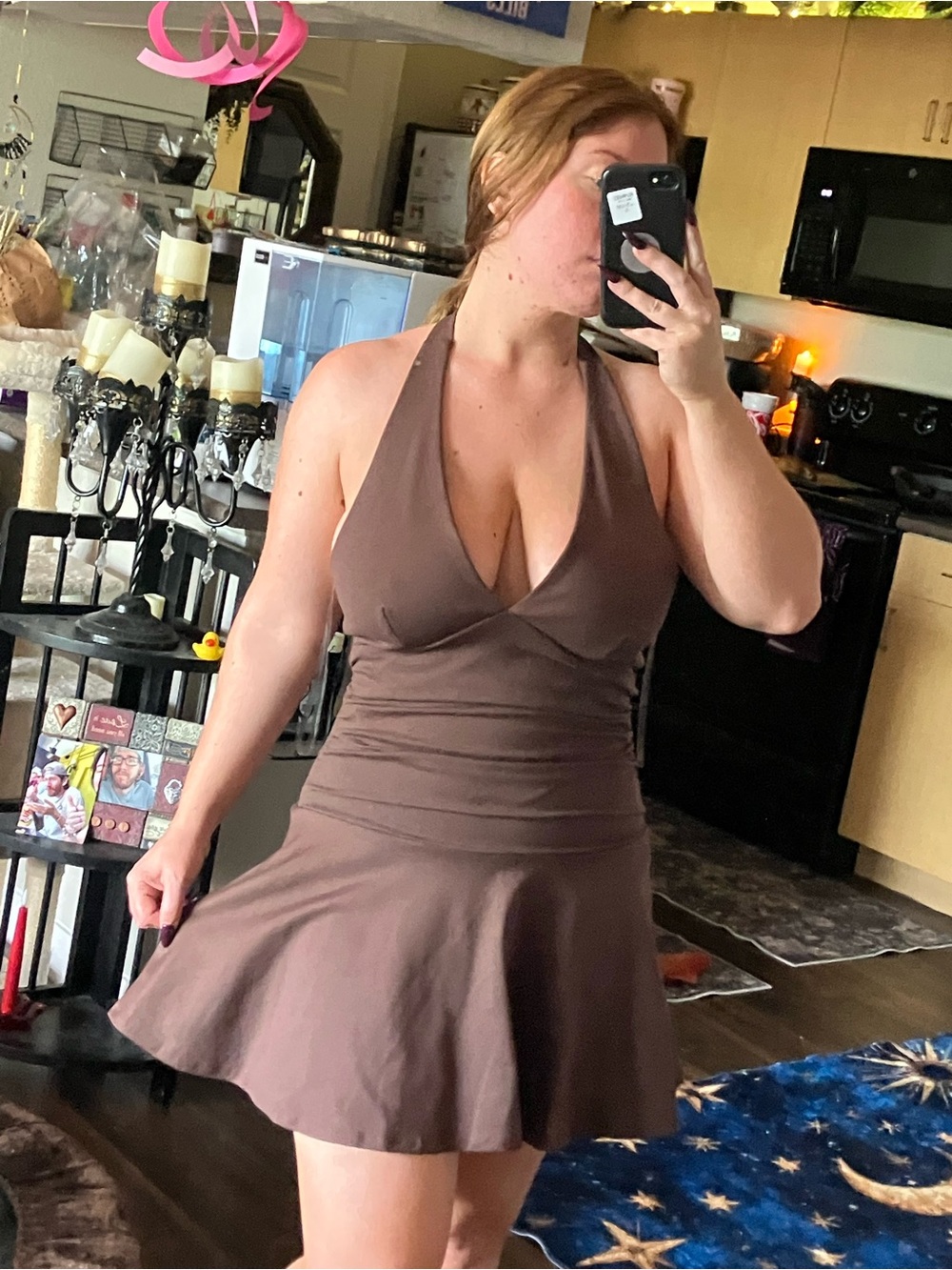 Halter V-Neck Flare Dress in Brown